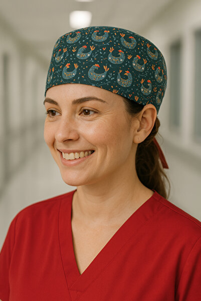 Lion Üniforma Ördek Başı Yeşil Kuş Desenli Cerrahi Bone Unisex – Likralı Dokt...