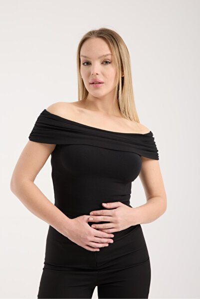 G-FOX Women's Off Shoulder Bardot Neckline Draped Stretchy Cotton T-Shirt Blouse 6003