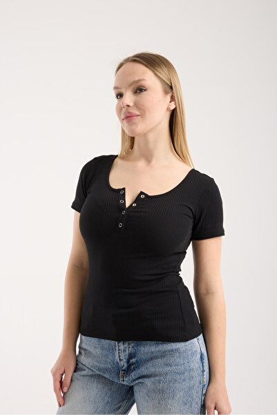 G-FOX Tricou pentru femei material reiat tricotaj cu striații cu mânecă scurtă, mulat din bumbac, 6001