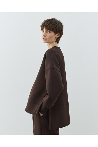 Aybikestil Şardonlu Üç İplik Yırtmaçlı Sweat Bluz Acı Kahve