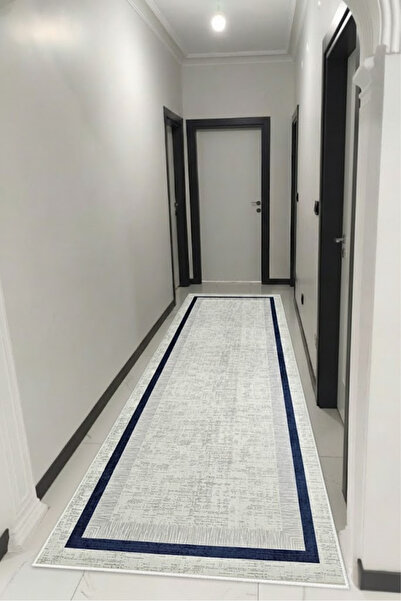 VOPTEKS Lacivert Gri Yolluk Makinede Yıkanabilir Halı Kaymaz Taban Halı