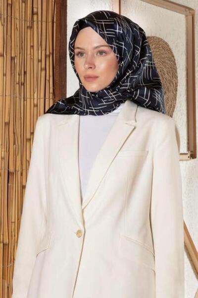 Vissona Tivil Silk Scarf 61017 - 10 - 0033 - 0003 Navy Blue Line Pattern