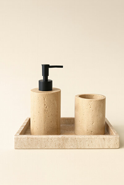 DMR HOME طقم حمام من حجر الترافرتين الطبيعي - حامل صابون سائل وحامل فرشاة أسن...
