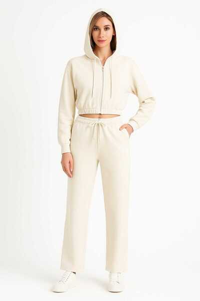 ANATOLIATEKSTILE Women's Tracksuit Set – Zipper Hoodie and Wide Leg Pants, Casual