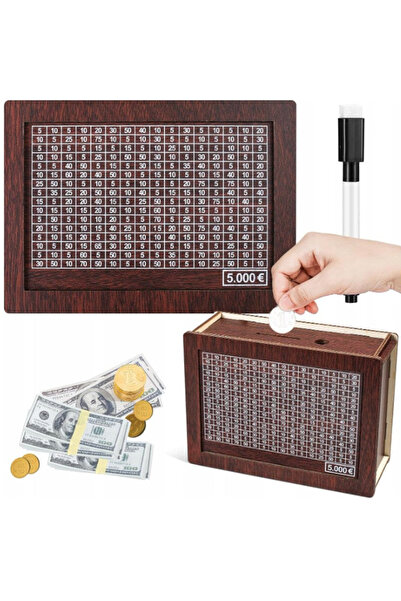 zola Wooden piggy bank, savings system, for 5,000 units, checkmark numbers, marker, 17×12.7×7 cm