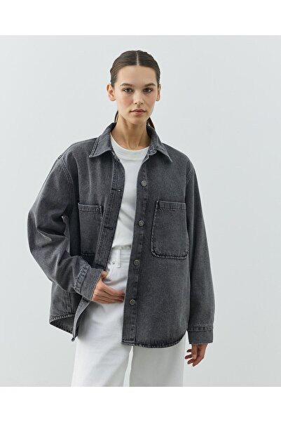 Aybikestil Unisex Çift Cepli Jean Ceket Gri