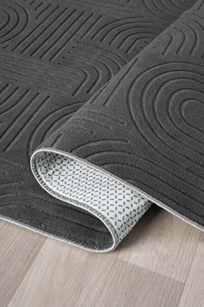 Raschel Carpet Bohem Koyu Gri Emboss Premium Seri Kaymaz Taban Jel Taban Halı Yolluk Antre Hol