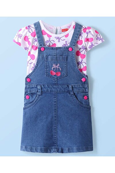 Babyhug Cotton Woven Cherry Printed Tee & Embroidered Pinafore with Inner Tee - Blue/White