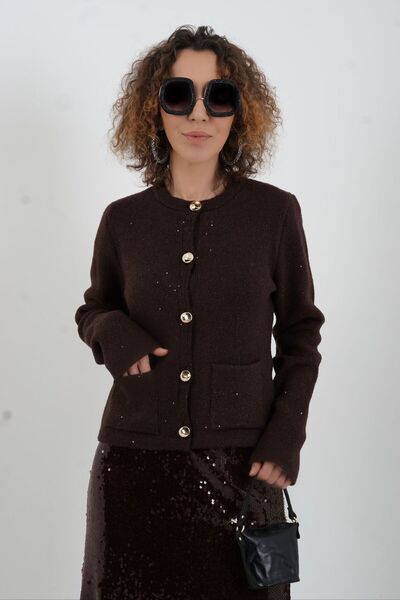 Zelish My Sister Kahve Pullu Simli Triko Hırka