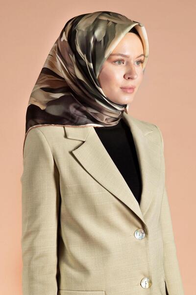 Vissona Tivil Silk Scarf 61014 - 15 - 0037 - 0004 Khaki Beige Abstract Batik Pattern