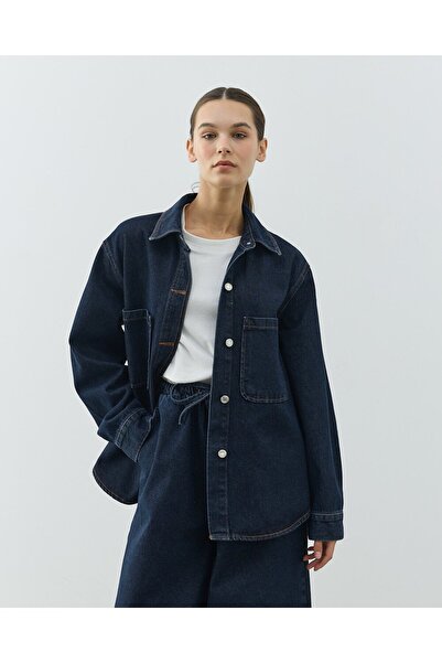 Aybikestil Unisex Çift Cepli Jean Ceket Lacivert