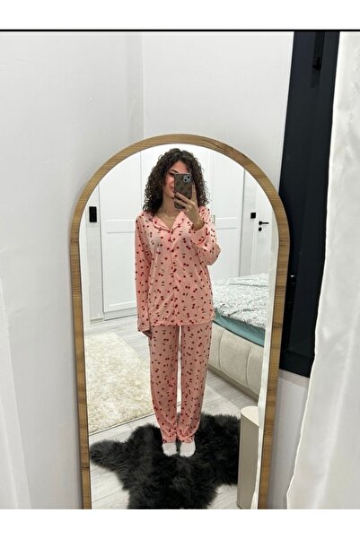 Sude Kadın Uzun Kollu Kiraz Desenli Pijama Takımı