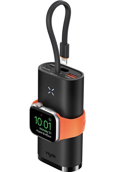 Generic VIYISI 10000mAh 3-in-1 Portable Power Bank with Built-in Cables & Apple Watch Charger (Black)