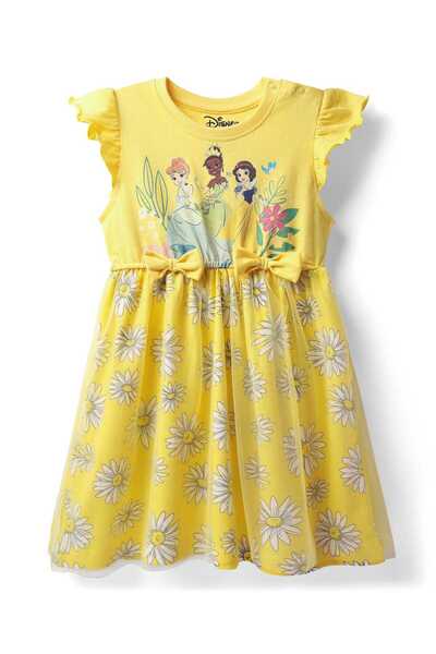 Babyhug Disney فستان بأكمام مكشكشة مزين برسومات أميرات ديزني وتطريز فيونكة - ...