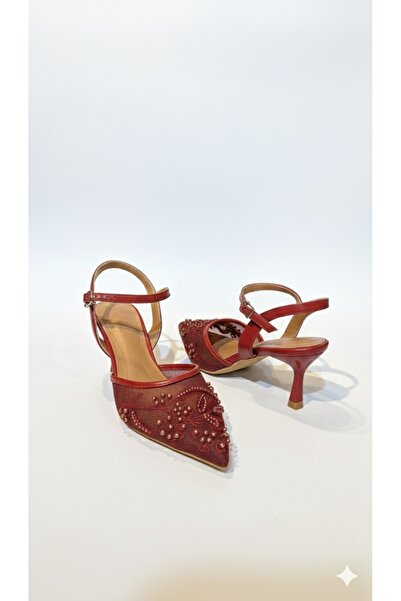 JOJO Women's mesh heel shoes with lace trim, decorated with stones and pearls