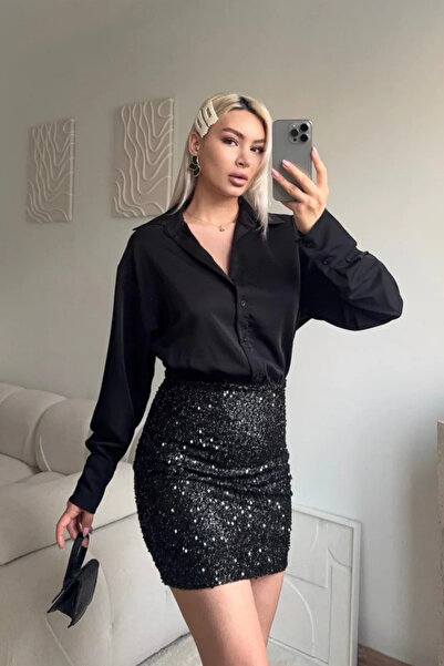 MOZENA Pul Payet Etekli Mini Gömlek Elbise