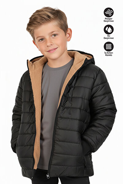 Merdia معطف K بغطاء رأس للأولاد مبطن بالفرو (مقاوم للماء والرياح) مخطط باللون الأسود