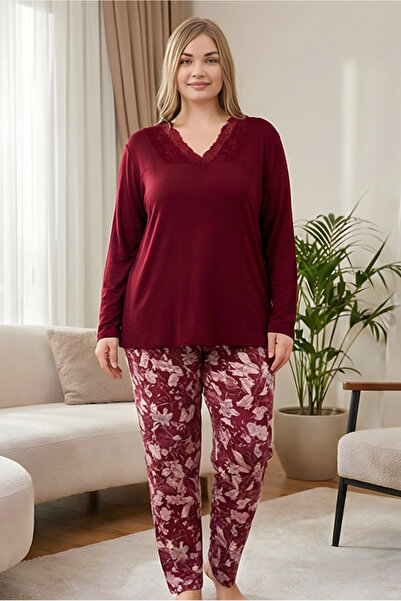 MORRO Women's Oversized V-Neck Lace Trim Long Sleeve Pajama Set - Plus Size Relaxed Fit Loungewear
