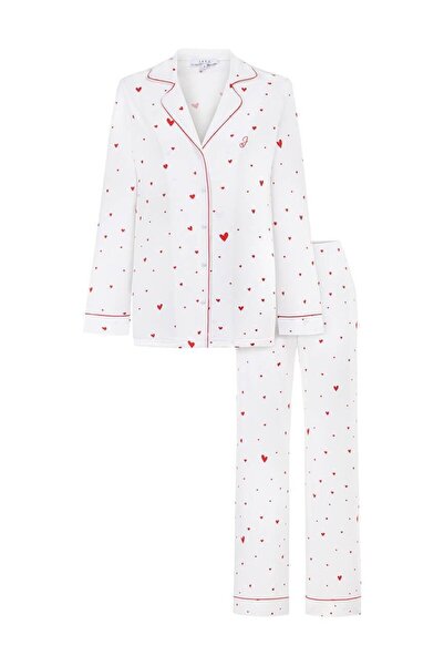 Jaya Viskon Kalp Desenli Biyeli Pijama Takımı / Beyaz