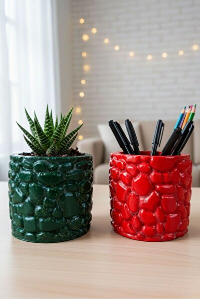 Uretti - Ayşe 7362 0696 El Yapımı Taş Motifli Kırmızı ve Koyu Yeşil 2'Li Deko...