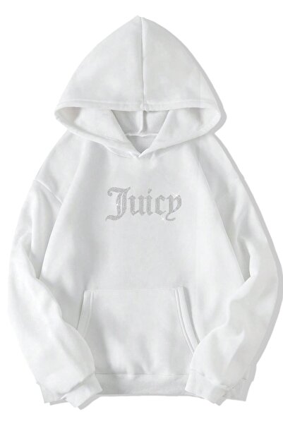 Know Unisex Beyaz Oversize Juicy Kristal Taş Baskılı Hoodie Sweatshirt