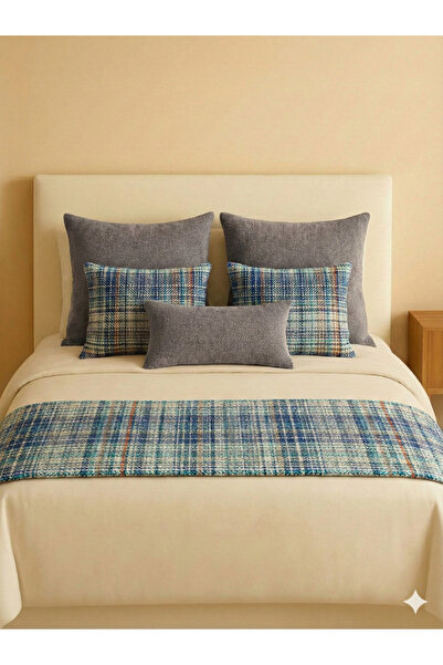 MODAFABRİK 6 Parça Dekoratif Yatak Seti – 5 Kırlent + Ekoseli Yatak Runner - ...