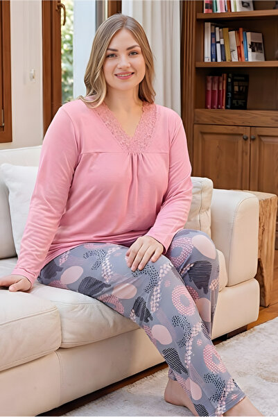MORRO Women's Oversized V-Neck Lace Trim Long Sleeve Pajama Set - Plus Size Relaxed Fit Loungewear