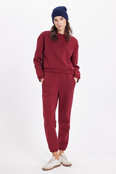 Tudors Women's Regular Fit Cotton 3 Thread Soft Textured Fleece Lined Crew Neck Burgundy Tracksuit Set