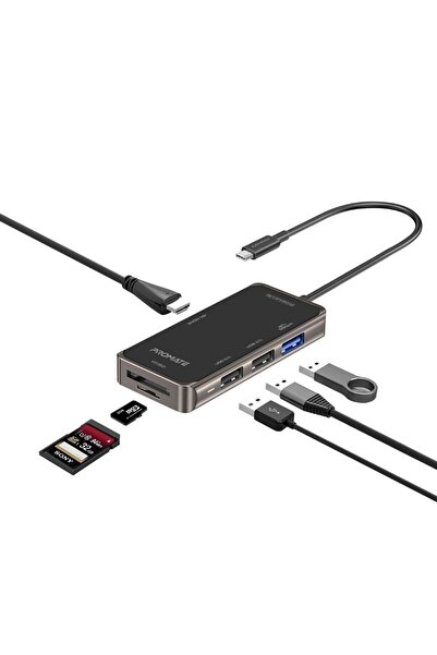 Promate USB-C HDMI Adapter with TF/SD Card Slot, 3 USB, Sync Charge USB-C Port, PrimeHub-Lite Black