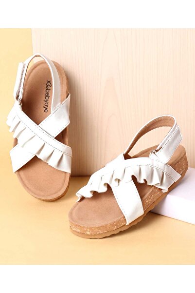 Babyoye Velcro Closure Solid Color Sandals with Frill Detailing - White