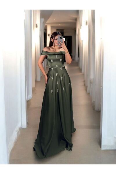 OLA Madonna Zirkon Taşlı Saten Haki Yeşil Renk Abiye Elbise