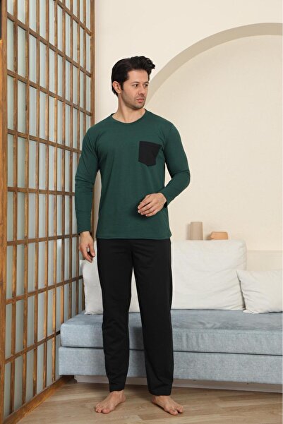 LİLA İÇ GİYİM طقم بيجامة رجالي من القطن بأكمام طويلة مع جيوب