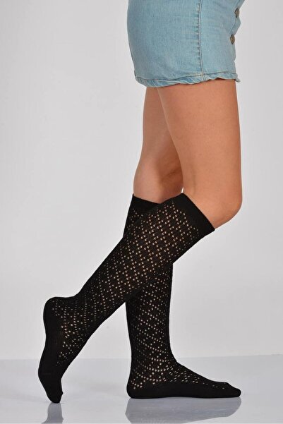 Moda1001 Дамски чорапи до коляното с мрежест десен - черни - единична опаковка