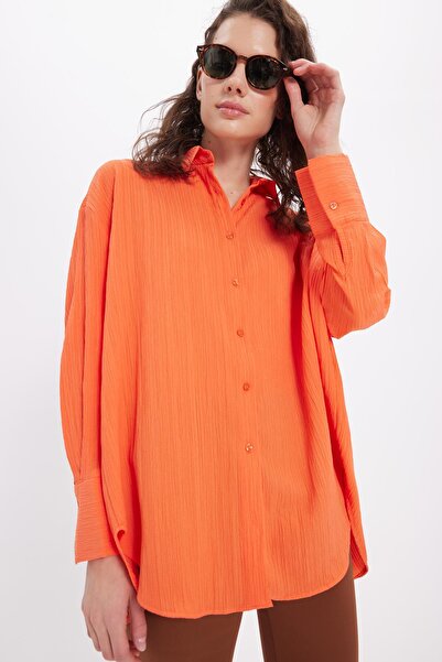 Tudors Women's Oversized wide cut shirring detail long sleeve textured orange shirt