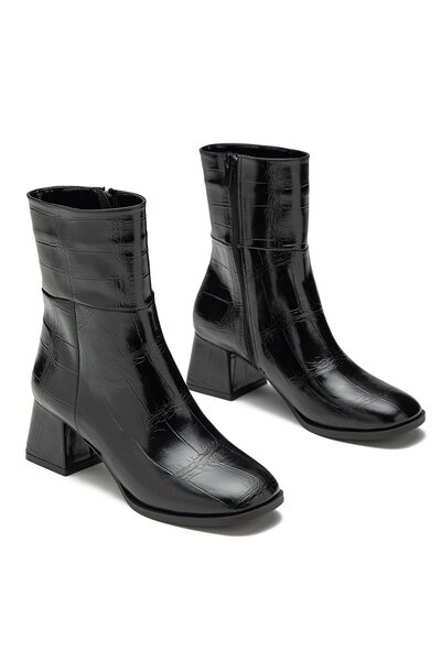 Dedos Women's Zippered Daily Short Heeled Croccon Detailed Boots 4205