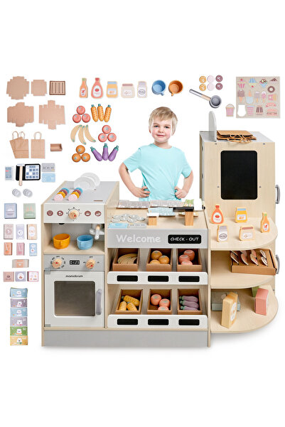 mamabrum Large XXXL wooden shop for children with fast food bar - Corner shop + Coffee machine + Oven