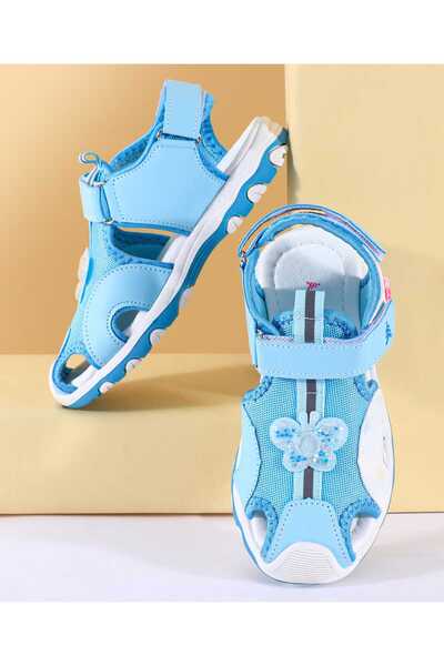 Pine kids Sandals with Velcro Closure & Butterfly Applique - Light Blue