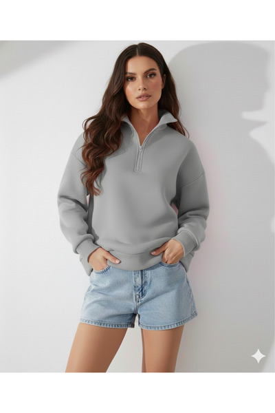 BY CAESAR سويت شيرت نسائي مسطح ياقة مرتفعة متوسطة الطول