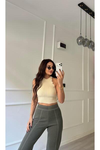 Daves Beige Button Detailed Halter Neck Knitwear Blouse