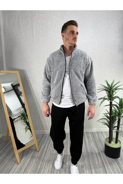MODA Erkek Peluş Ceket Kalın Oversize Fermuarlı