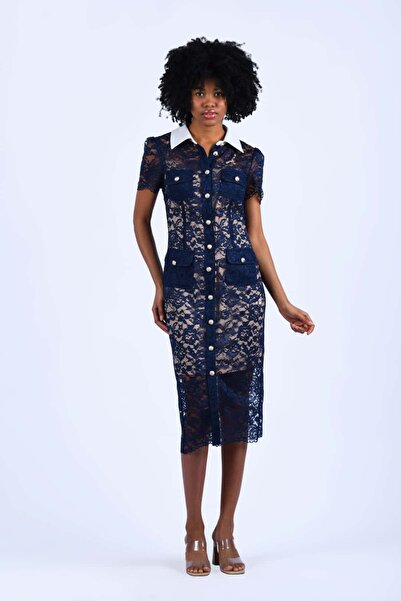 la luce Lacivert Gömlek Yaka Midi Dantel Elbise - QE407