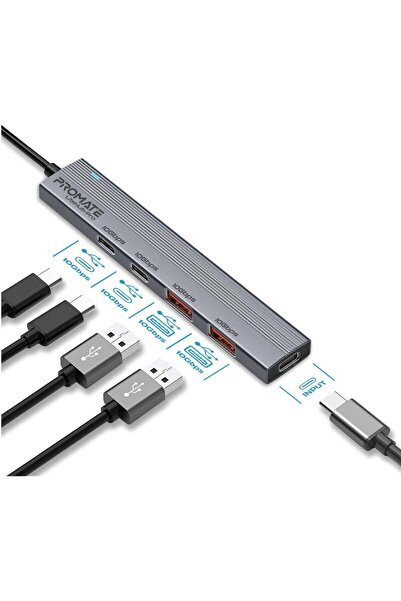Promate 4-in-1 Multi-Display USB Hub (LiteHub-Pro) - Dual USB-A & Dual USB-C, 10Gbps, 15W, Grey
