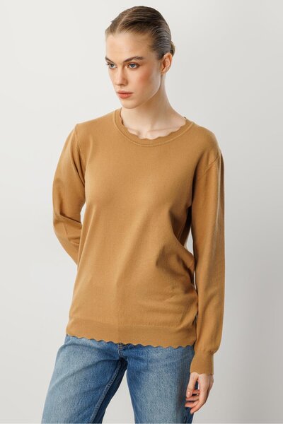 accort Yuvarlak Yaka Angora Triko Kazak-CAMEL