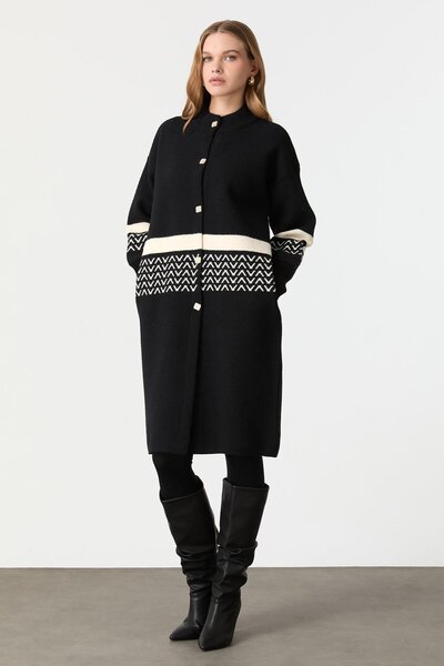 accort Düğme Detaylı Desenli Uzun Hırka-SİYAH