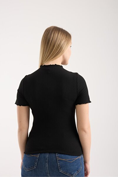 G-FOX Women's Corded Fabric Stretch Fabric Half Turtleneck Ruffle Detail Short Sleeve Transitional Basic T-Shirt 6007