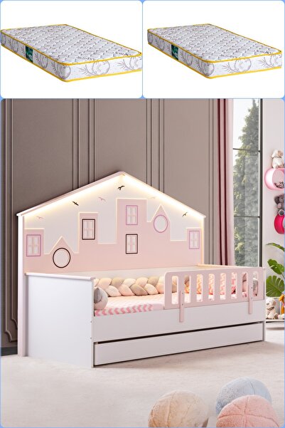 Setay City Yavrulu Montessori Yatak Panolu Korkuluklu + 2 Adet Comfort Yatak