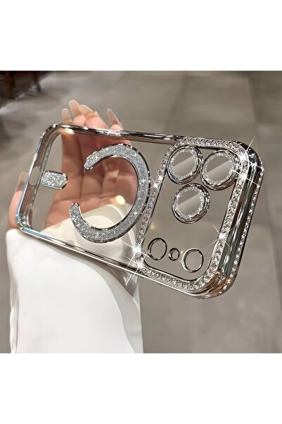 UnDePlus Apple iPhone 17 Pro Kılıf M-Safe Şarj Uyumlu Simli Kamera Kenar Taşl...