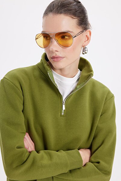 Tudors Women's Relax Fit Comfortable Cut Cotton Fleece Lined Half Zipper Khaki Stand Collar Sweatshirt