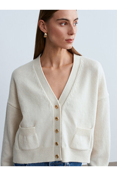 Dilvin 60999 Wool Blend Pocket Detailed Knitwear Cardigan-Ecru