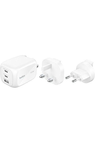 Belkin 3-Port USB-C Plug 100W GaN Wall Charger (2x USB-C & 1x USB-A) - White